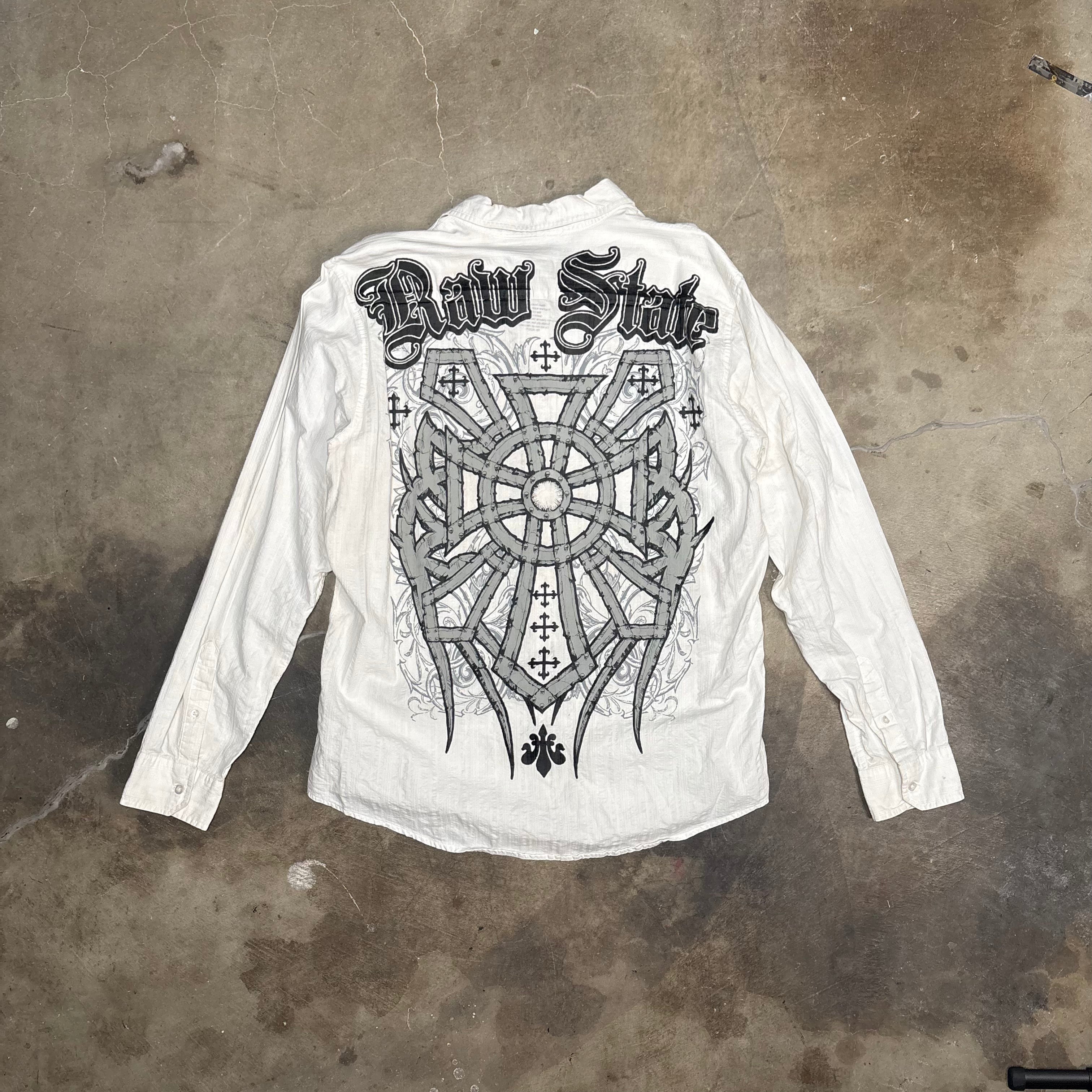 Raw State Gothic Cross Graphic Button Down Shirt (XXL)